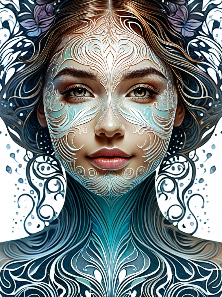 double exposure, inpainting, ,  Nouveau art potrait, full figure from water, crafted female from frosted water  reveals the textured of carving and engraving, the piercing engraving shows the hollow space inside, see through patterns at background, Medium ...