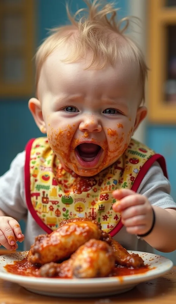 A realistic and fun image of a baby with an intense expression while eating a large meal. The baby's face is soiled with food, with sauce scattered around the mouth and hands. He wears a colorful bib and is holding a generous portion of food, like roasted ...