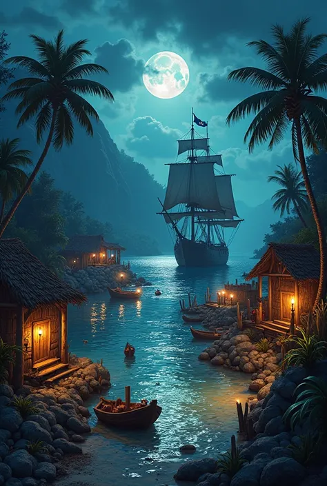 A pirate village hidden in a secluded cove, surrounded by mountains and palm trees, illuminated only by the moonlight and torches scattered around the wooden shacks. Small boats are anchored along the wooden piers, as an imposing pirate ship stands out in ...