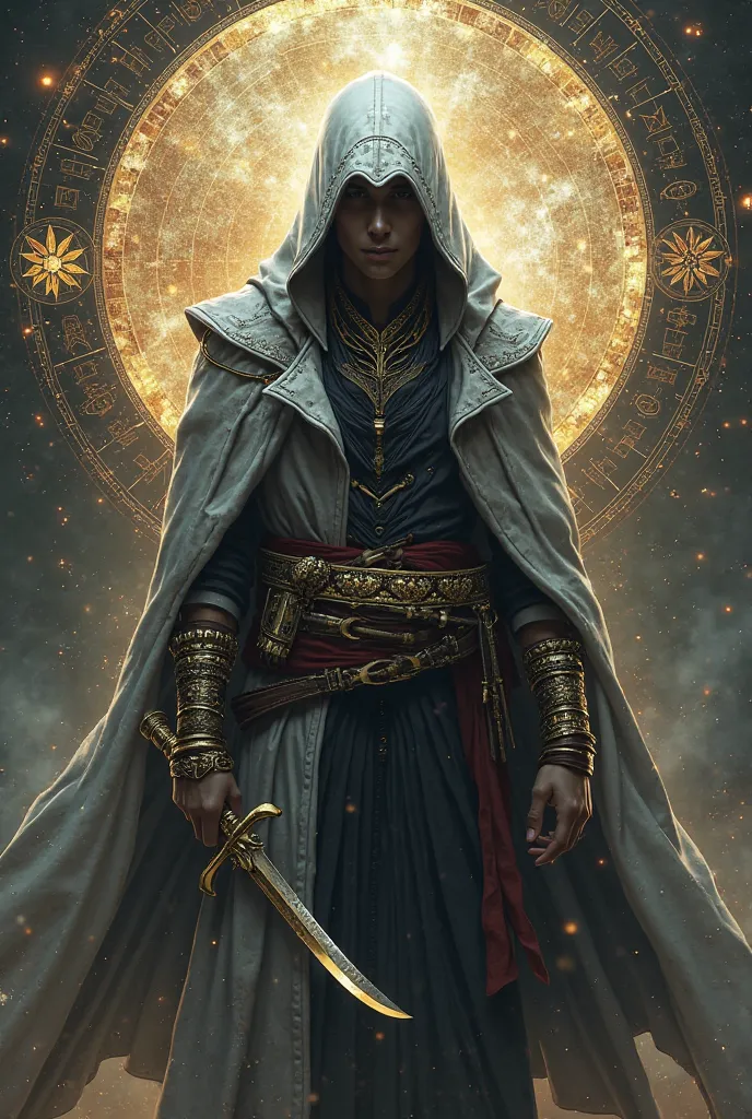 ASSASSIN MAN IN A WHITE AND BLACK HOODED COAT WITH GOLD BRACELETS, A DAGGER OF PEACE AND THE ENERGIES OF THE ABSOLUTE IN A CIRCLE!