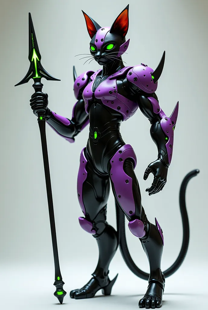 This cat stands upright on its hind legs, striking a dynamic pose.
	•	It confidently holds the Lance of Longinus in its right paw.
	•	It wears a tight-fitting, nanomachine-generated bodysuit inspired by Evangelion Unit-01, featuring a purple, green, and bl...