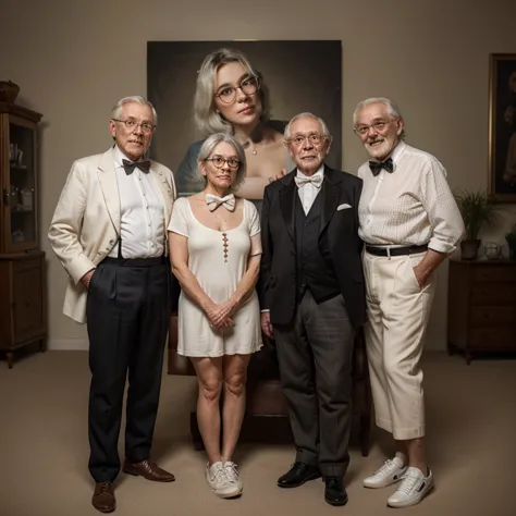 A hyper-realistic portrait of three extremely old, bizarre, and funny elderly men posing together, looking directly at the camera. Each has exaggerated yet lifelike features: one with huge round glasses and wild white hair, another with a tiny top hat and ...