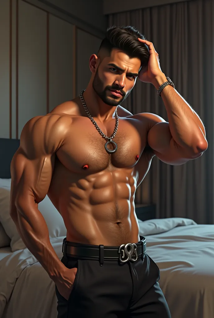 A highly detailed digital painting or 3D render of a muscular, shirtless Indian man with a warm, medium-brown skin tone. His thick, voluminous hair is styled in a modern, slightly wavy look, giving him a confident and charismatic appearance. He has a well-...