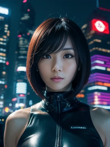 Motoko Kusanagi, cyber city, looking up, futuristic, skyscrapers, neon lights, ((masterpiece)), ((best quality)), (ultra-detailed), ((beautiful eyes)), Japanese female, (slender:1.3), ((30 years old)), beautiful,