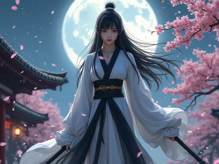 Diaz, The Phantom Blademaster (Genderbent), 4K quality, digital image mode, long black hair, brown eyes, mysterious woman in a flowing white and black battle costume, standing on the roof of a moonlit temple surrounded by cherry blossom petals, full body, ...