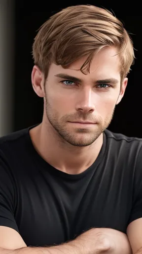  A Man. Icelandic light brown hair, virile face arms crossed, staring into the camera, black shirt focusing on the face 