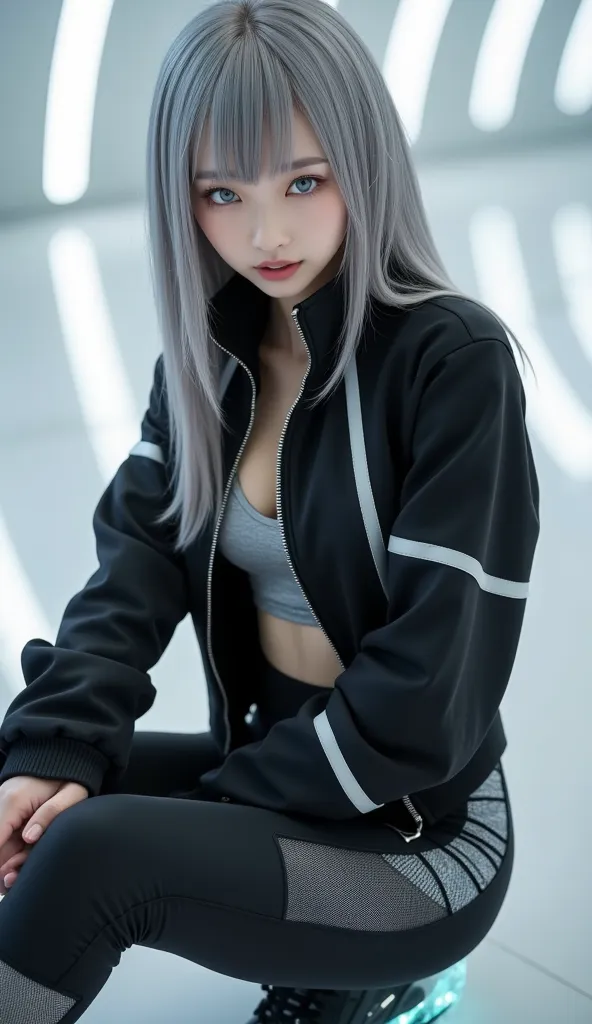 An edgy mix of futurism and monochrome minimalism featuring a 20-year-old cute Japanese model with an hourglass figure, a very slender waist, and a tiny head with long gray hair and large blue eyes. She wears a black cropped bomber jacket with a high colla...