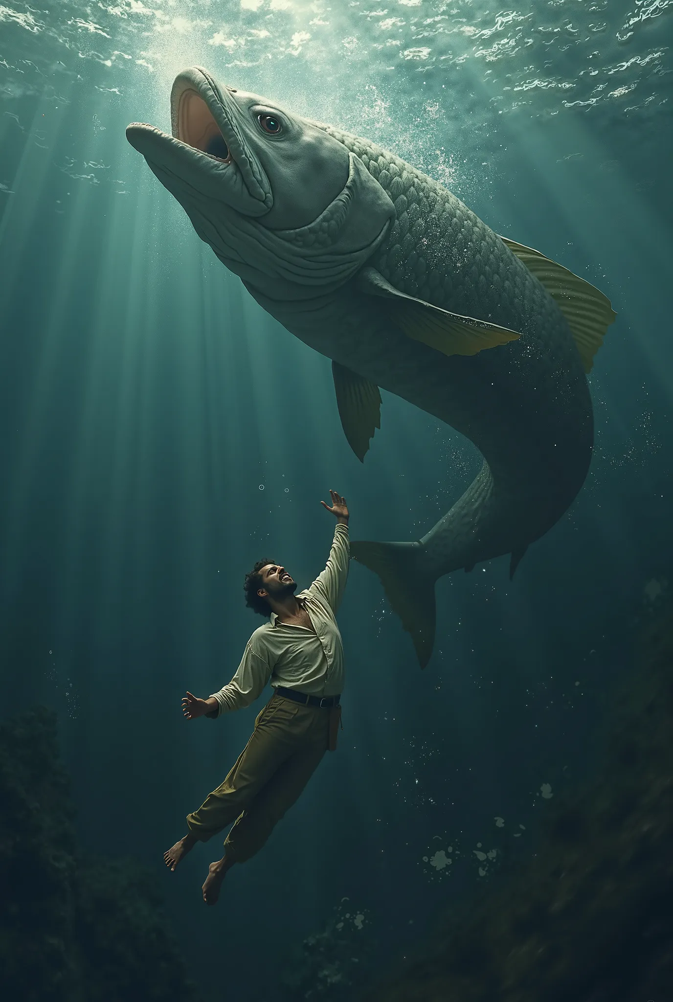 Jonah (from the Bible) under the water with a big fish swimming up 