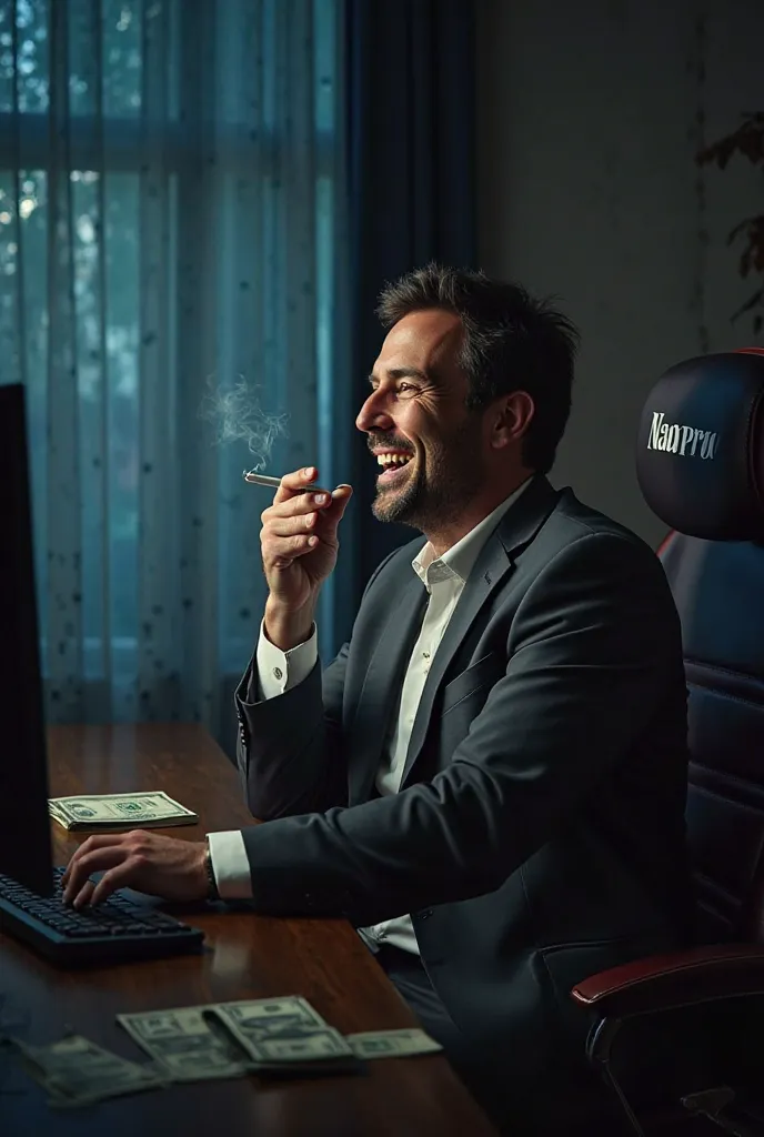 Pictures of a businessman working with a computer at night smoking a cigarette and a lot of money at his table while he is sitting on a chair that clearly says Na Pro and the man laughs and his body is normal