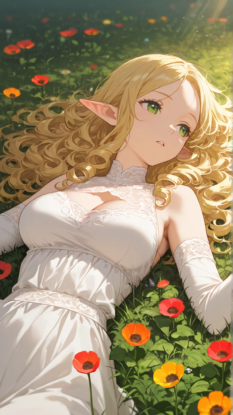  Anime style, Blonde elf, green eyes, curly hair, open forehead , wearing lacy white clothes lies in poppy colors, big breasts