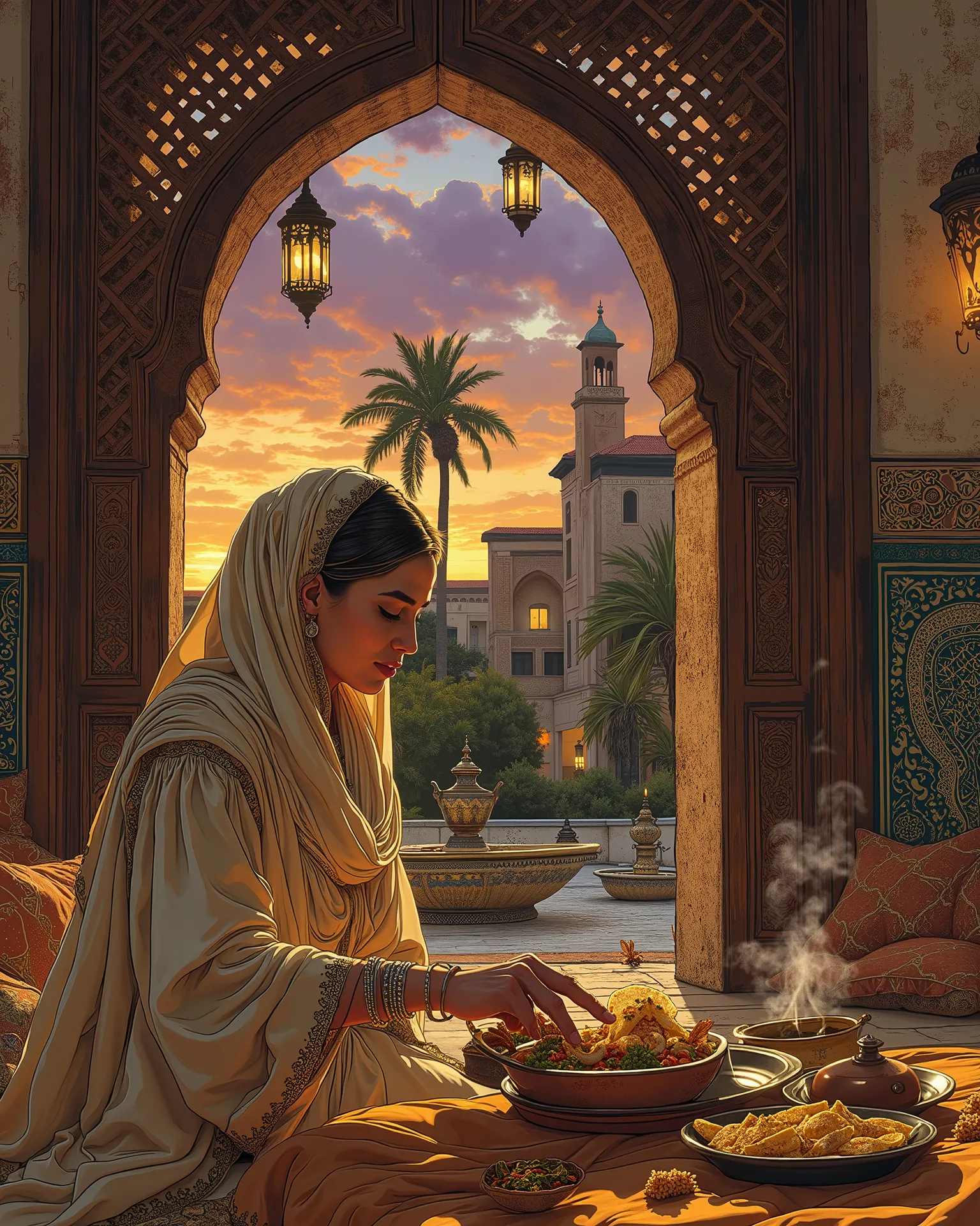 A hyper-realistic, intricately detailed illustration of a traditional Moroccan architectural scene at dusk, capturing the serene yet vibrant atmosphere of a household preparing for iftar. The focal point is a large, ornate Moroccan window with an exotic ge...