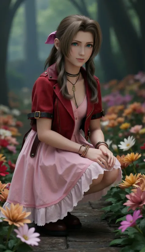 (masterpiece:2.0), Alone, ((((Aeris Gainsborough, red cropped jacket, hair bow, bracelet,  pink dress , brown boots)))), , from_side, Cowboy Shooting,  close your knees and crouch,flower , ( fine:1.7), ( Beautiful Clear Background ), ((outdoor, A beautiful...