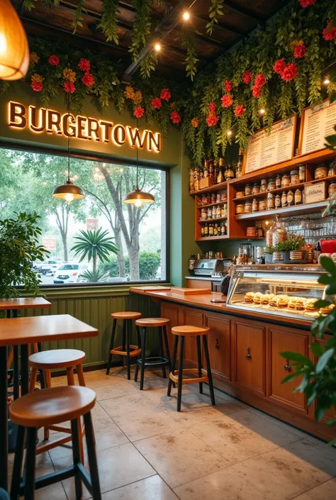 tropical decoration for a fast food restaurant, In the background green leaves and flowers on the ceiling also the name BURGERTOWN. stools and round tables, In a corner the restaurant reception with samples of hamburgers in a display case along with the me...