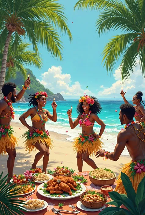 I want a wallpaper on the beach with a Lual people dancing eating in Jamaica 