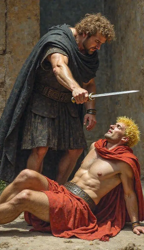 The man in a Athenian clothes with black cape pointing a sword to another man who has a yellow hair and wearing a red cape. They are fighting while the yellow haired man is lay on the ground. While pointing a sword to him