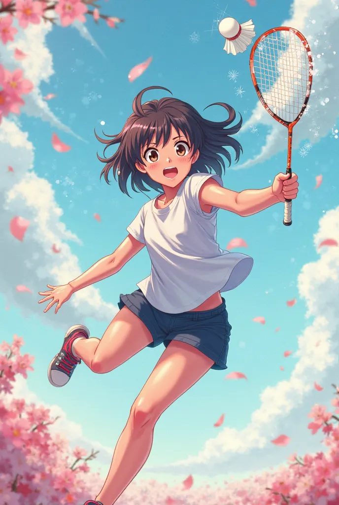 Make a book cover with a girl playing badminton in anime style 