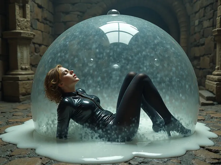 score_9, score_8_up, score_7_up, score_6_up, score_5_up, score_4_up, full body shot of beautiful Emma Watson lying curled up inside giant glass sphere filled with translucid white goo wearing a form-fitting Hogwarts style bodysuit with tie over full length...