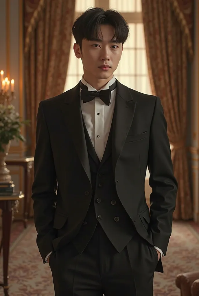 An angelic face handsome korean boy with a age of 16- standing in a luxurious house wearing suit pant in photo show full body make a face which is really attractive with skin tone pure white.