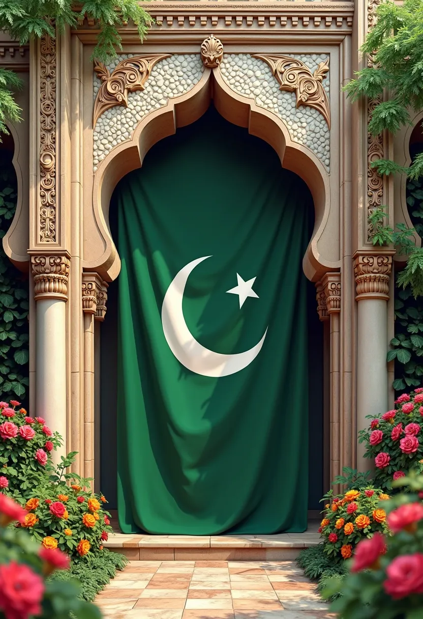 A Pakistani flag placed in a beautiful, flowered cover Ancient Mahal. Title word "Pakistan Swag" written over the picture.