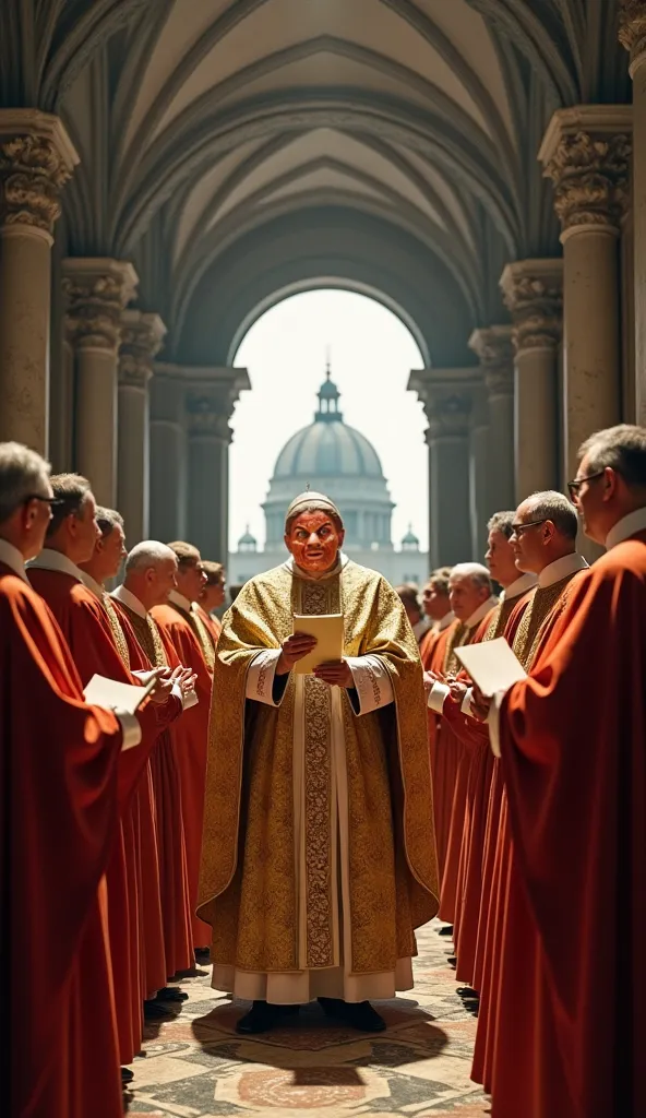 A Renaissance scene showing the Pope surrounded by cardinals and counselors, into a space with Gothic arches and a dome in the background. The Pope wears ornate gold costumes and holds a document or makes a gesture of blessing. Light enters softly through ...