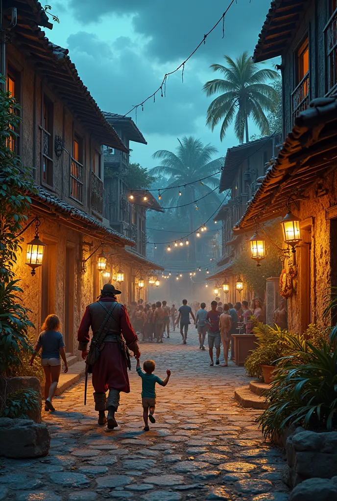 A coastal village full of activity, with narrow stone streets illuminated by oil lanterns. Wooden stalls sell weapons, looted gold and exotic fabrics. pirates, smugglers and merchants walk among colonial houses, as ren run through alleys. In the central sq...