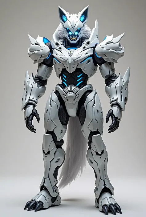 Appearance of the White Ranger Mecha (Robot-Wolf Mode)

 Main Color: Metallic white with silver details and electric blue energy lines that run through your body.
head: Design clearly inspired by a wolf, but with a stylized robotic structure. has pointy ea...