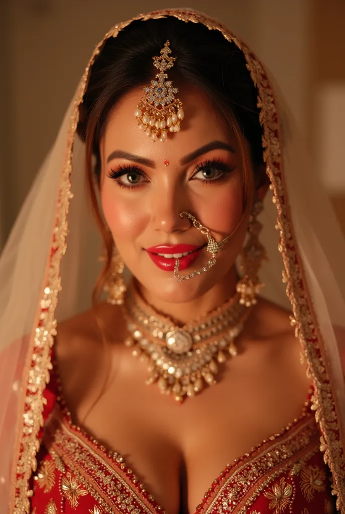 Pov face, Desi wedding dress, nosering, jewelry on cleavage, big breast, cleavage, in room, wedding veil, 