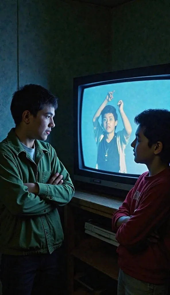 1980s, dark room. Lucas (green jacket, unsettling smile) inserts the VHS tape into the player. Jorge (red shirt, vacant stare) watches with crossed arms. The screen emits a blue glow illuminating their faces. In the TV’s reflection, their future selves rai...