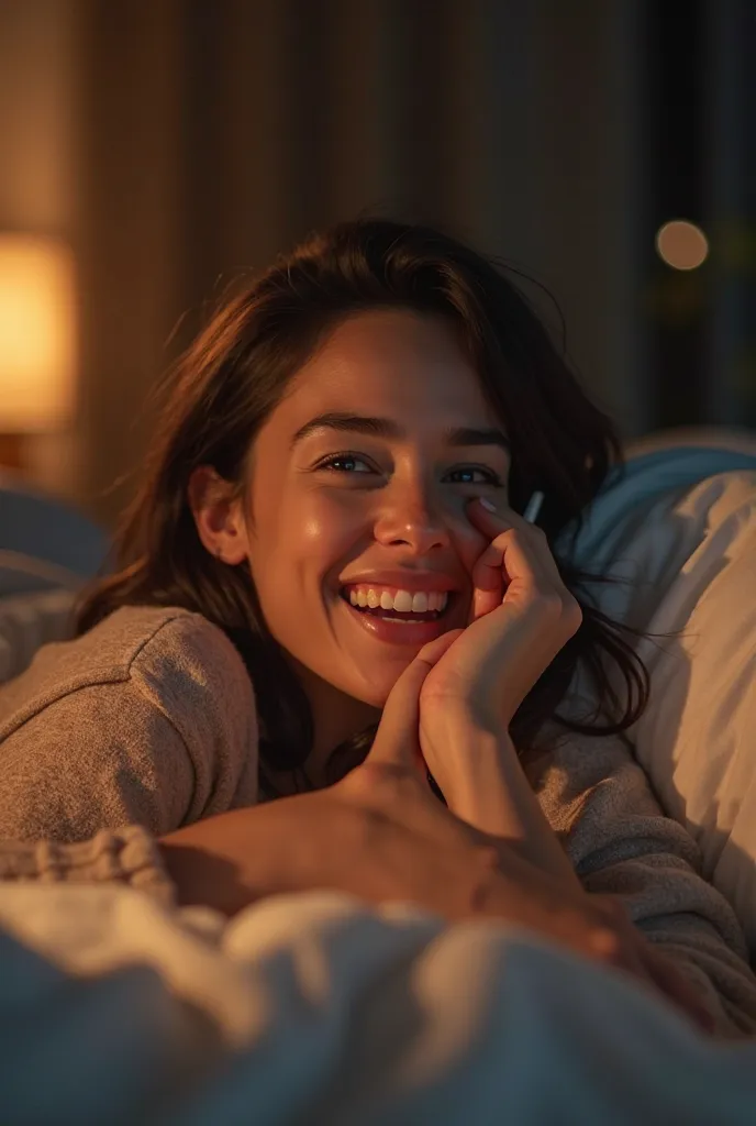 "A highly detailed, realistic HD image of a woman lying on a cozy bed, holding a smartphone as if talking on a call. She is laughing joyfully, covering her mouth with one hand while bursting into laughter, expressing pure happiness and the warmth of feelin...