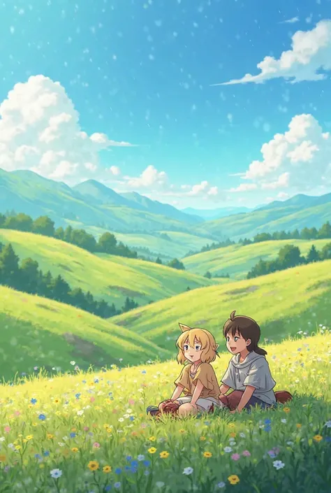 A cheerful and beautiful anime in the style of Vinland could show a picturesque landscape, which includes rolling hills and blooming meadows. The colors would be vivid and warm, with a clear, blue sky and bright sunlight, that bathes the scene in a golden ...