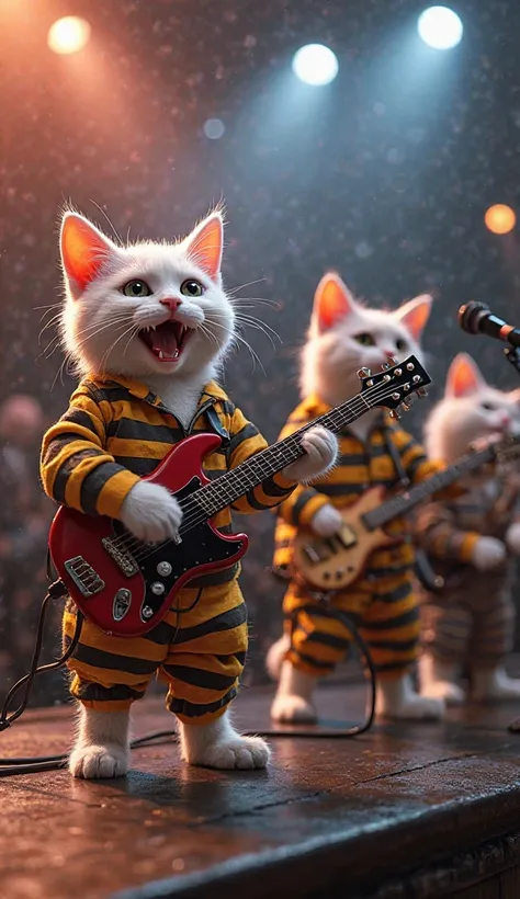 "5 realistic cats,  each in a different color  (for example: therefore,  White , orange, gray and burst), dressed in striped convict clothes similar to those worn by the Mamonas Assassinas. Each cat is holding a musical instrument: one with a double bass, ...