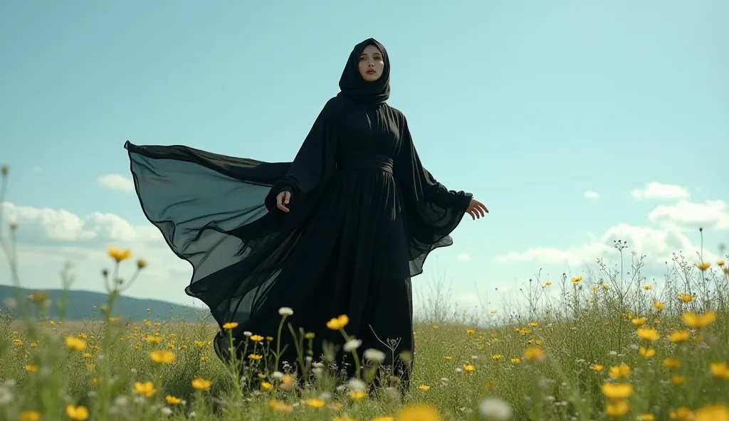 "Make a picture of a female pop singer wearing a black robe with a head covering, performing in front of the background of the Meadow, clear sky."
