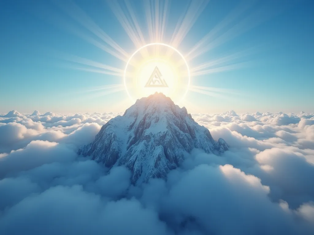 a mountain above the clouds a beautiful blue sky and on the top of the mountain behind it there is a magical symbol with a very strong light in the background, symbolizing something divine, like an ascension to the divine