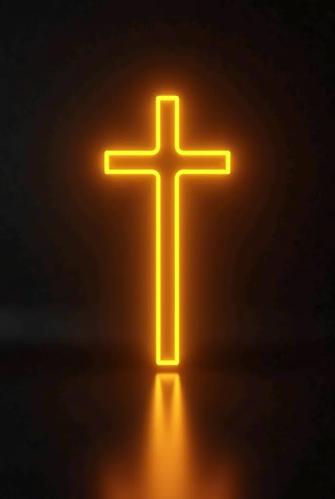 Create an image with a black background of a famous neon with a cross in the middle with a yellow reflection 