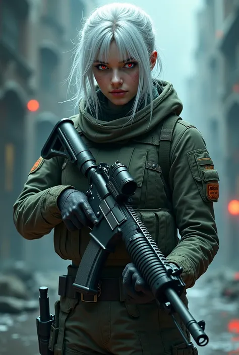 Create a woman with white hair, army clothes, red eyes, holding a gun next to the ghost character from the video game Call of Duty 