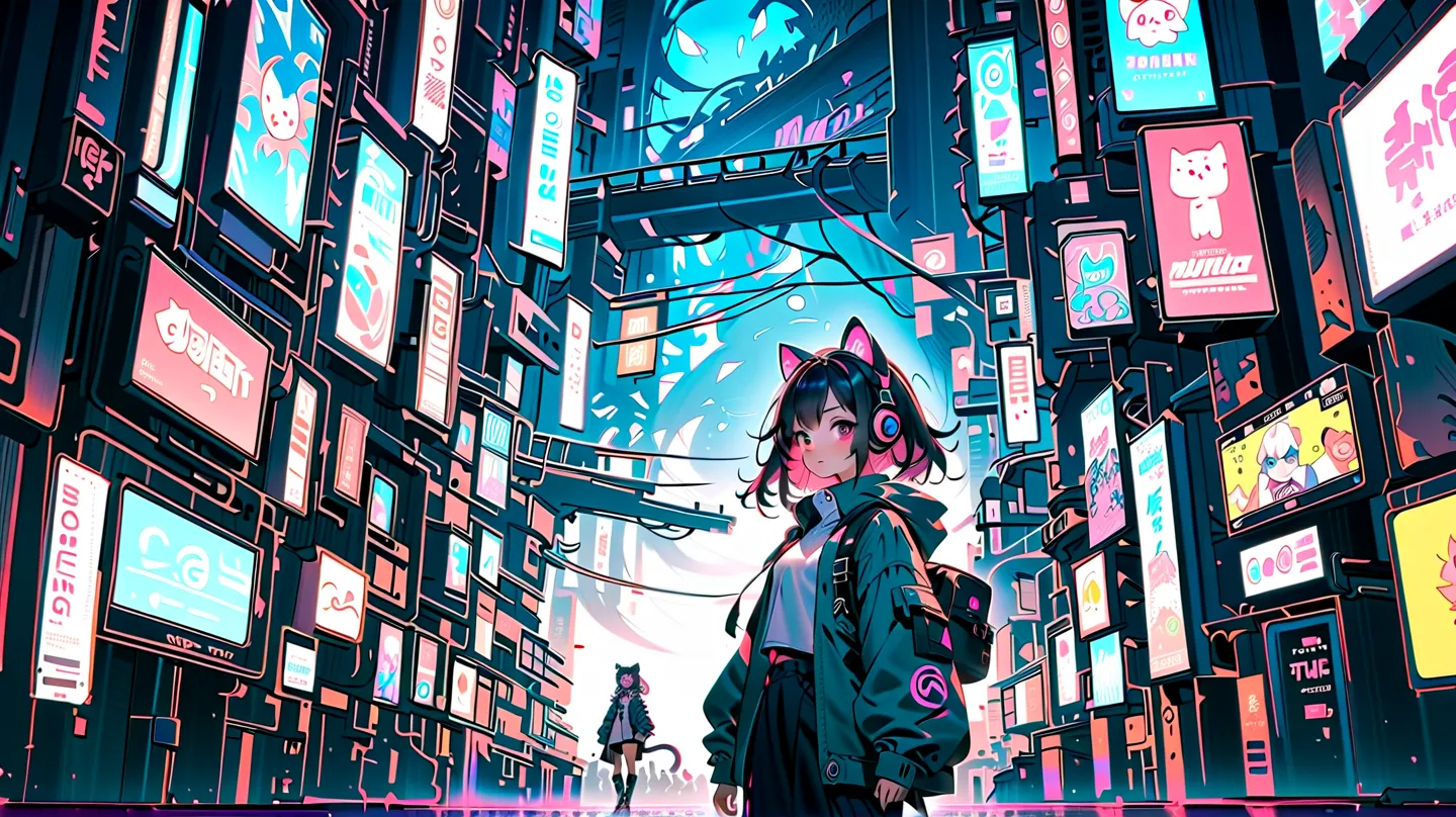 An anime-style futuristic cyber girl with neon-colored hair and cute cat-ear headphones, standing on a glowing rooftop in a high-tech city. The background is filled with digital rain, holographic billboards, and pixelated kawaii icons floating around her. ...