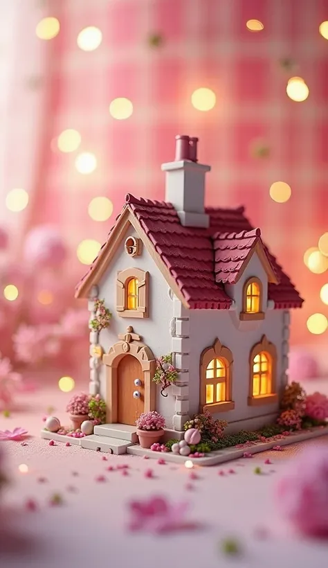 small miniature house、European cute house、background is a pink and white check pattern、high image quality、Real but fairytale
Pinto 、 SLR during homework、Lots of tiny little lights on the background