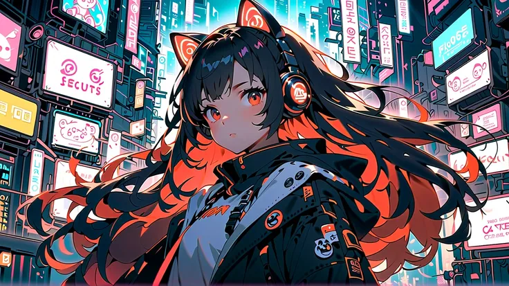 An anime-style futuristic cyber girl with neon-colored hair and cute cat-ear headphones, standing on a glowing rooftop in a high-tech city. The background is filled with digital rain, holographic billboards, and pixelated kawaii icons floating around her. ...