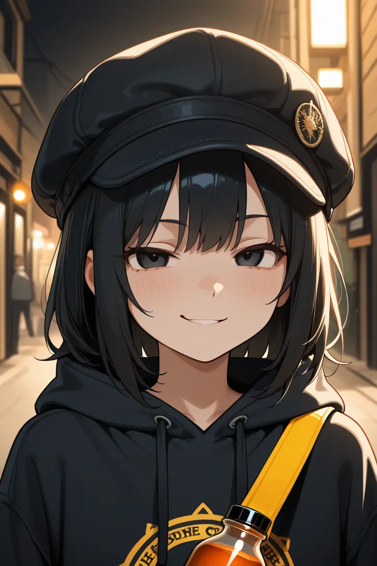 Russian girl, black eyes, black hair, black casual hoodie, with a cocky amused smirk, using a black ushanka, holding a vodka bottle