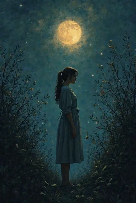 Make me a picture of the night with shrubs with the moon, the stars and a girl there sad and in the sky like a light from my grandmother and who looks abandoned and sad