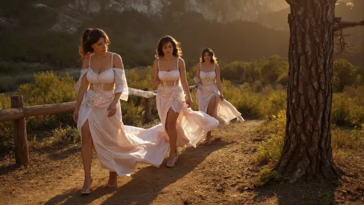 Full body photo of 3 sexy beautiful young twin brides, fit, lustful, alluring, scared, afraid, utterly lost, walking together near a tree, at a marvellous valley in the mountains. They wear identical slutty and provocative tight noble wedding dress, huge c...