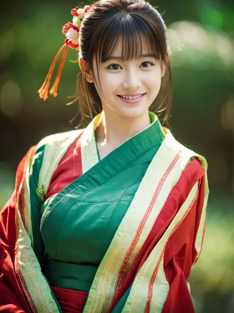 Photo, masterpiece, Best Quality, looks at one woman, 1 girl, solo, soloフォーカス, (perfect face:1.1), (high detail:1.1), red and green, Hanfu,smiles, Hi-Res, masterpiece, anatomically correct, Best Quality, simple background