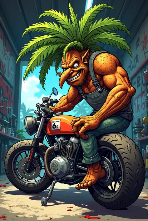 Coconut plant that is a motorcycle mechanic stiker style from moto club 2D animation