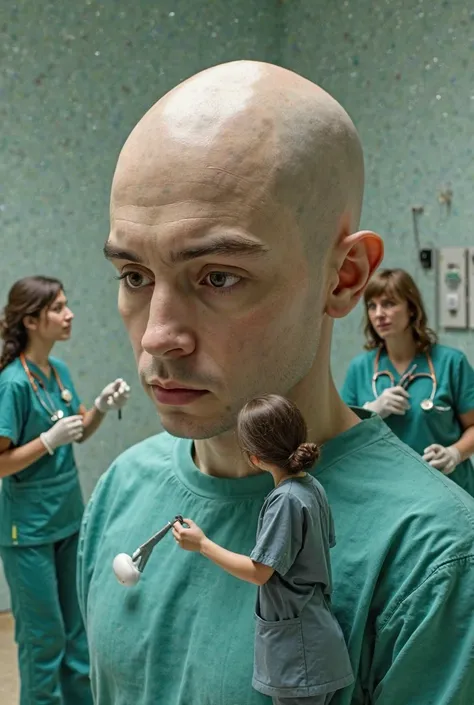 In a surreal world, miniature female doctors are performing a hair transplant surgery on a colossal bald man. The doctors, dressed in scrubs, are placing hair follicles into the giant’s scalp, surrounded by an oversized medical environment.”