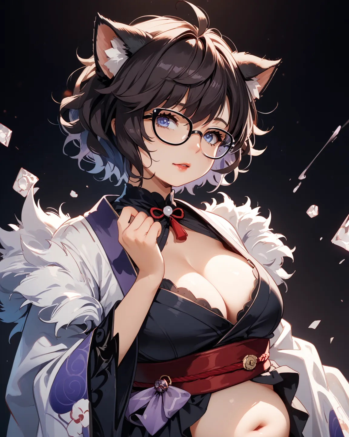 A fantasy RPG scene featuring a woman with dark brown, short messy hair and black cat ears. She has a chubby face, She has blue eyes, a chubby fat stomach, and realistic proportions. red and white kimono with purple decor is detailed, including a boob wind...