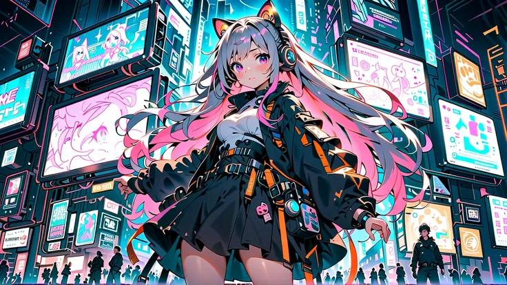 An anime-style futuristic cyber girl with neon-colored hair and cute cat-ear headphones, standing on a glowing rooftop in a high-tech city. The background is filled with digital rain, holographic billboards, and pixelated kawaii icons floating around her. ...