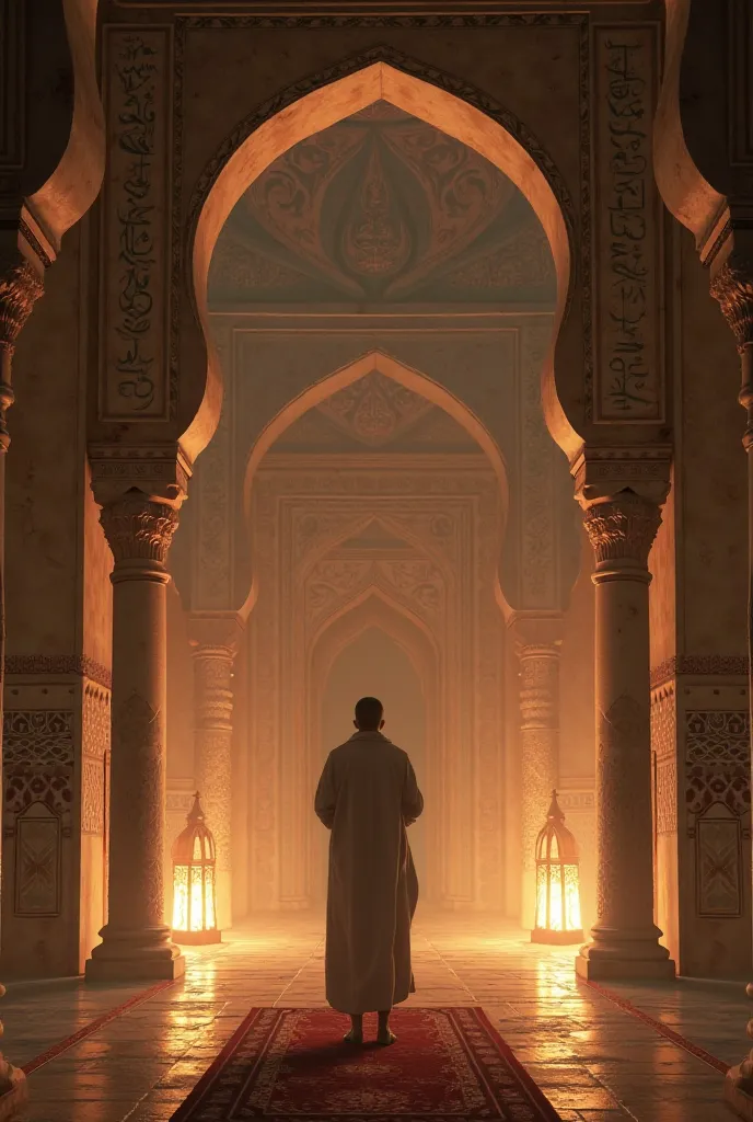 "An early Islamic mosque setting where a figure in simple clothing is praying in a single garment, with soft light from lanterns