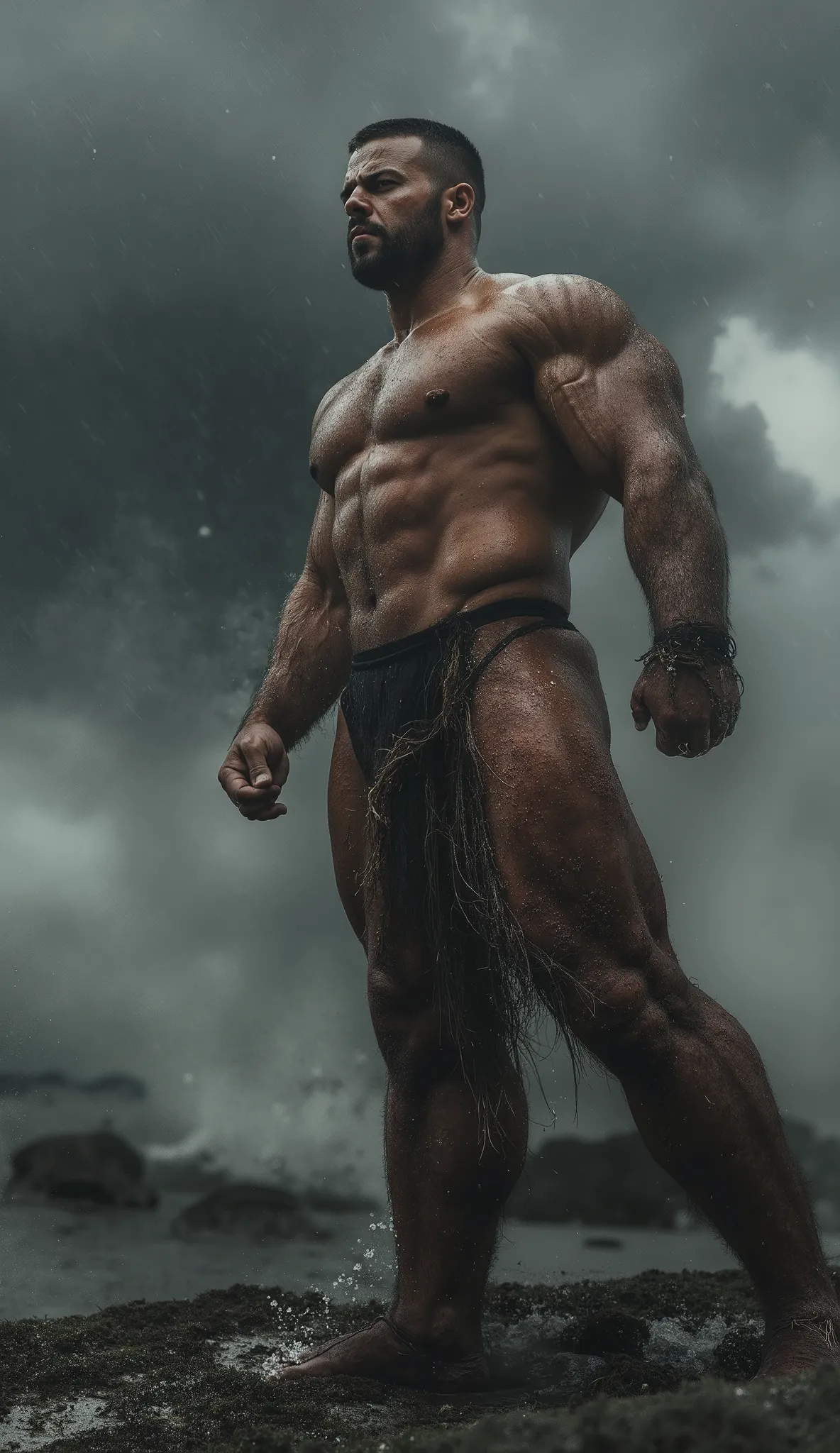 
"A prehistoric warrior 2 meters tall,  with a muscular and marked body , training calisthenics exercises.  Your sweaty skin shines under strong and dramatic lighting ,  that highlights every detail of his powerful physique .  His face reflects fury and de...