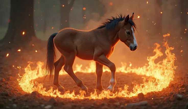 A newborn horse walks in a circle of fire