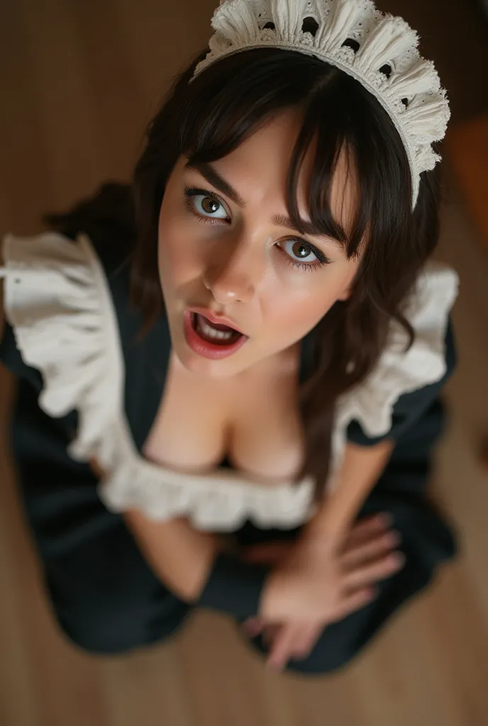 Maid Girl horny reaction to see a man's cock, view from above POV of her sitting on the floor with her mouth open, big breasts.